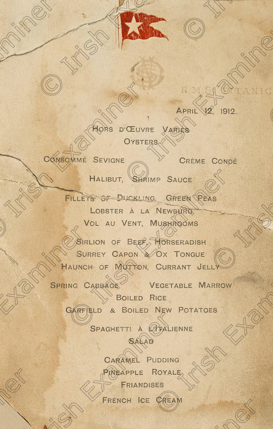 US Titanic 6 
 In this Feb. 23, 2012 photo provided by Bonhams Auction House, an April 12, 1912 menu from the R.M.S. Titanic is shown. The menu will be among the Titanic related artifacts being put up on the block by Bonhams during their 'R.M.S. Titanic: 100 Years of Fact and Fiction' auction in New York on Sunday, April 15, 2012. (AP Photo/Bonhams Auction House)