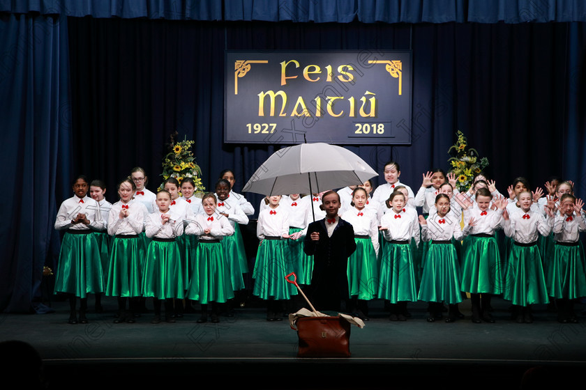 Feis28022018Wed04 
 On a snowy day only one choir made it into the hall for their performance, Scoil mhuire, Ballincollig braved the elements, snow and ice and totally enthralled the adjudicator, Marilynne Davies that she asked them to perform again and they did, spectacularly, showing their skill and talents so well that they were awarded the highest mark of 90 points, a rare achievement made all the more special on a day that most schools were closed due to weather and also making the choir’s first visit to eh Feis performing a medley from “Mary Poppins” during the “The Pam Golden Perpetual Cup” Group Action Songs Primary Schools Class 104 Feis Maitiú 92nd Festival held in Fr. Mathew Hall. EEjob 27/02/2018 Picture: Gerard Bonus.