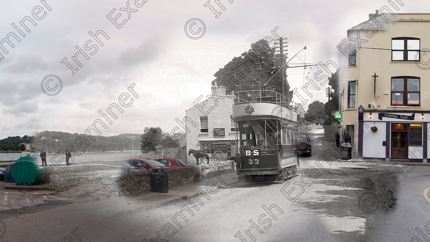 Blackrock-Tram 
 The first electric tram into Blackrock village, Cork in 1902 old black and white and how the village looks in 2016