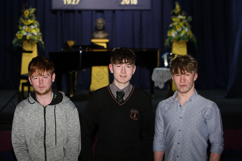 Feis27022018Tue16 
 16
Performers Sean Jones, Deon O’Callaghan and Andy McManagan from Rochestown College and Glanmire.
 Singing and School Choirs Class: 10: “The Moffit Perpetual Cup” Own Accompaniment Feis Maitiú 92nd Festival held in Fr. Mathew Hall. EEjob 27/02/2018 Picture: Gerard Bonus.