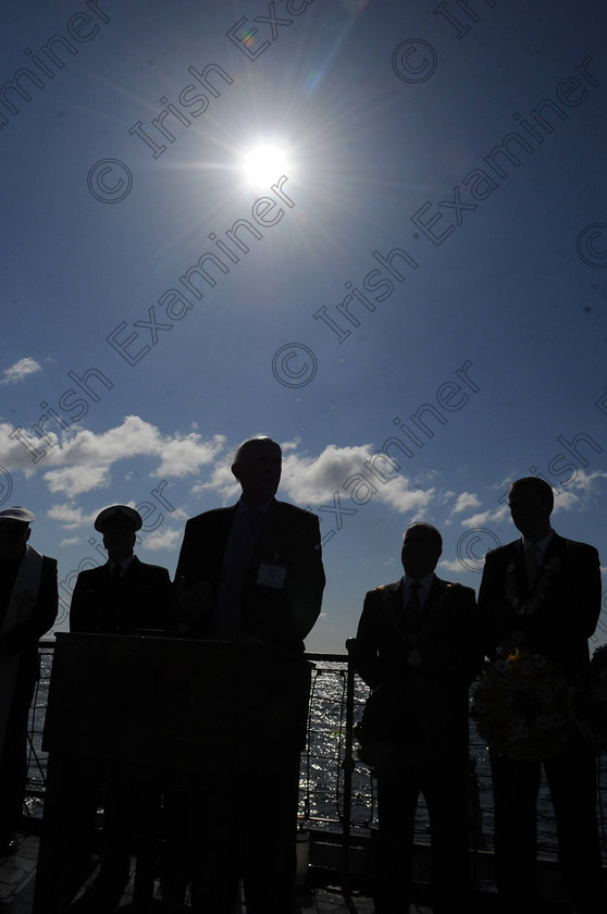 EOH Titanic wreath l101476 
 Edmond Coghlan, chairman Irish Titanic speaking at the spot where the Titanic berthed outside Cork harbour 100 years ago,. from on aboard the LE Eithne yesterday
Picture: Eddie O'Hare