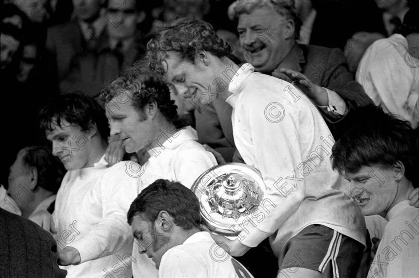 941505 
 For 'READY FOR TARK'
Cork Hibernians v. Waterford in the F.A.I. Cup Final at Dalymount Park, Dublin - Included are from left, Tony Marsden, Sonny Sweeney, Gerry Finnegan, hat-trick hero Miah Dennehy (with the cup) and Joe O'Grady (goalkeeper) 23/4/1972 Ref. 140/21 old black and white soccer football