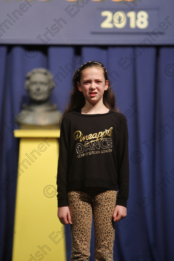 Feis25032018Sun01 
 1
Leah O’Sullivan performing.
 Speech and Drama Class: 365: Solo Verse Speaking Girls 10 Years and Under Section 5 Feis Maitiú 92nd Festival held in Fr. Mathew Hall. EEjob 25/03/2018 Picture: Gerard Bonus