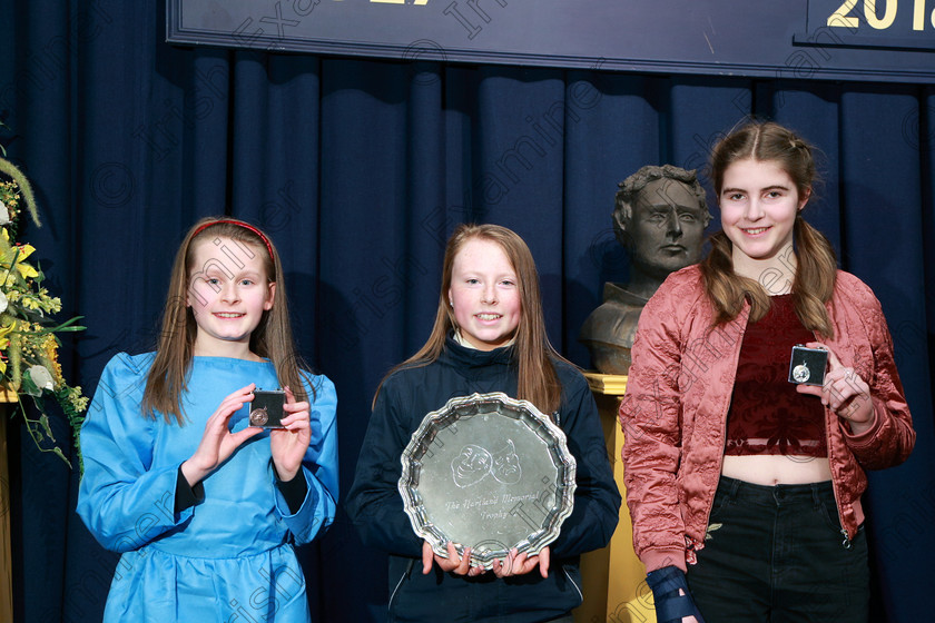 Feis21022018Wed63 
 63
Bronze Medallist Sráinne Finn from Kilworth; Overall section winner Sophia Nolan from Glanmire and Silver Medallist Anna Scott from Ballintemple.
 Speech and Drama Class: 327: “The Hartland Memorial Perpetual Trophy” Dramatic Solo12 years and under section 3 Feis Maitiú 92nd Festival held in Fr. Mathew Hall, EEjob 21/02/2018 Picture: Gerard Bonus.