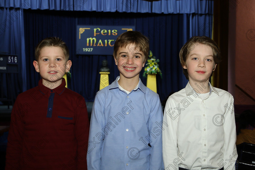 Feis21032018Wed04 
 4
Performers Jerry O’Sullivan, Fionn Conway and Marc Looney from Gaelscoil Uí Drisceoíl.
 Labhairt na Filíocht agus Míreanna Drámaíochta Class: 516: Bhéarslabhairt 9 Bliana D’Aois Nó Faoina Roinn 1 Feis Maitiú 92nd Festival held in Fr. Mathew Hall. EEjob 21/03/2018 Picture: Gerard Bonus