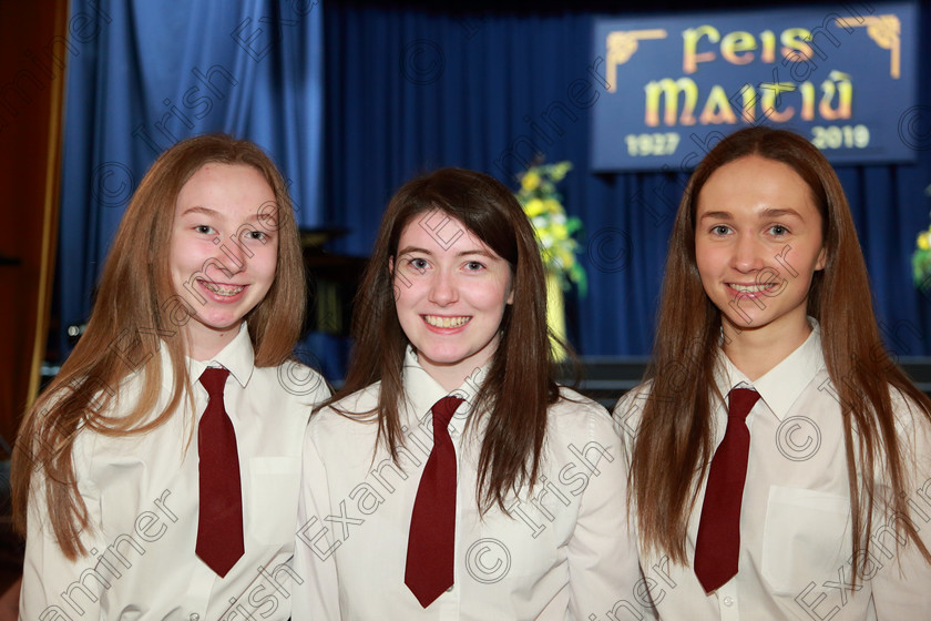 Feis27022019Wed08 
 8
Audrie Bennett, Eimear Cullen and Ciara Coughlan from Sacred Heart School Tullamore.

Class: 77: “The Father Mathew Hall Perpetual Trophy” Sacred Choral Group or Choir 19 Years and Under Two settings of Sacred words.
Class: 80: Chamber Choirs Secondary School

Feis Maitiú 93rd Festival held in Fr. Mathew Hall. EEjob 27/02/2019. Picture: Gerard Bonus