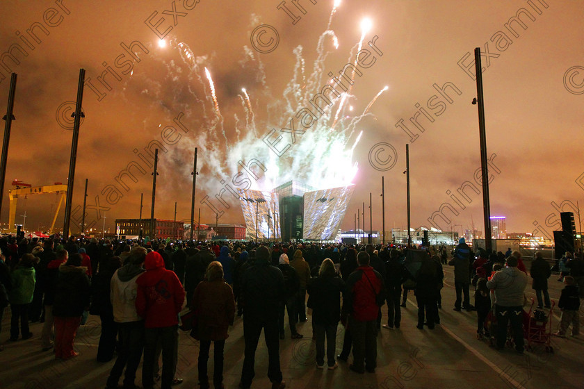 PEYE Titanic Belfast show 00 
 Press Eye - Belfast - Northern Ireland - 8th April 2012

Press Release image

Belfast is setting for Titanic light show....

Belfast's iconic Titanic Building provides a backdrop for a 3D graphics and pyrotechnics light show set to music.

The show used cutting edge architectural projection, intense 3D motion graphics, synchronised pyrotechnics and bespoke sound design.

Picture by Kelvin Boyes / Press Eye.