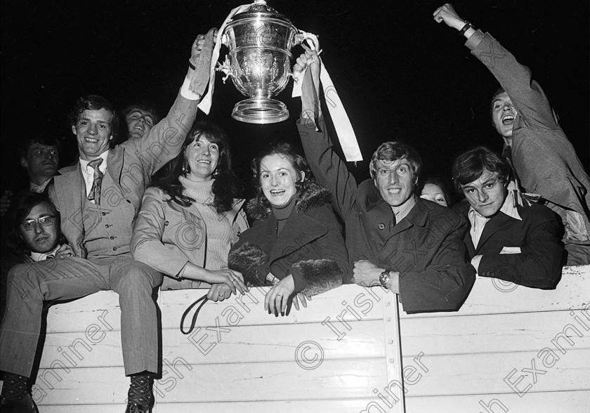 559609 
 SOCCER - JUBILATION CORK AS CORK HIBERNIANS HAT-TRICK HERO MIAH DENNEHY (LEFT) AND PLAYER/MANAGER DAVE BACUZZI HOLD THE F.A.I. CUP ALOFT AFTER THEIR HISTORIC WIN AT DALYMOUNT PARK ON APRIL 23RD, 1972 WHEN THEY DEFEATED WATERFORD - REF. 140/033

DOWN MEMORY LANE - BLACK AND WHITE