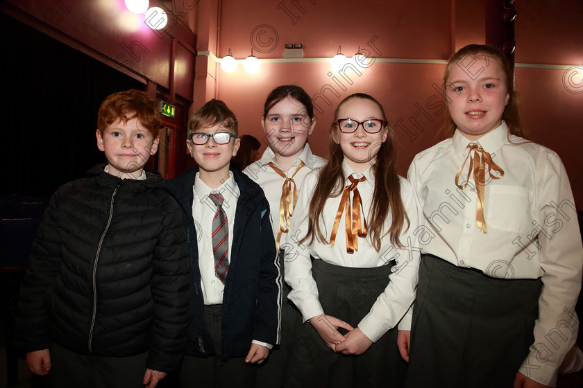 Feis28022019Thu04 
 4
Joseph Le Fondre, Sam Sheehan, Emily Doyle, Kaylin O’Flynn and Lily O’Halloran from Castlemartyr Children’s Choir.

Class: 84: “The Sr. M. Benedicta Memorial Perpetual Cup” Primary School Unison Choirs–Section 1Two contrasting unison songs.

Feis Maitiú 93rd Festival held in Fr. Mathew Hall. EEjob 28/02/2019. Picture: Gerard Bonus