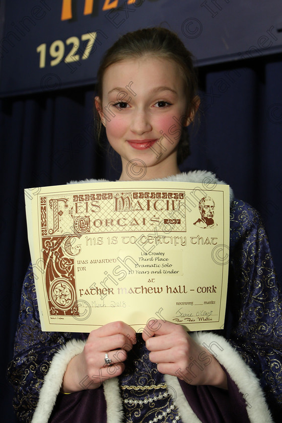 Feis15032018Thu03 
 3
3rd place Lia Crowley from Carrigaline performed “Rapunzel” 
 Speech and Drama Class: 328: “The Fr. Nessan Shaw Memorial Perpetual Cup” Dramatic Solo 10 Years and Under Section 2 Feis Maitiú 92nd Festival held in Fr. Mathew Hall. EEjob 15/03/2018 Picture: Gerard Bonus.