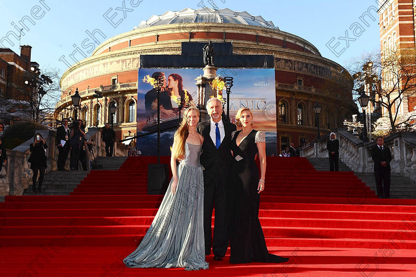 SHOWBIZ Titanic 192951 
 James Cameron and wife Suzy (left) with Kate Winslet arrive for the World Premiere of Titanic 3D at the Royal Albert Hall, London. PRESS ASSOCIATION Photo. Picture date: Tuesday March 27, 2012. Photo credit should read: Ian West/PA Wire