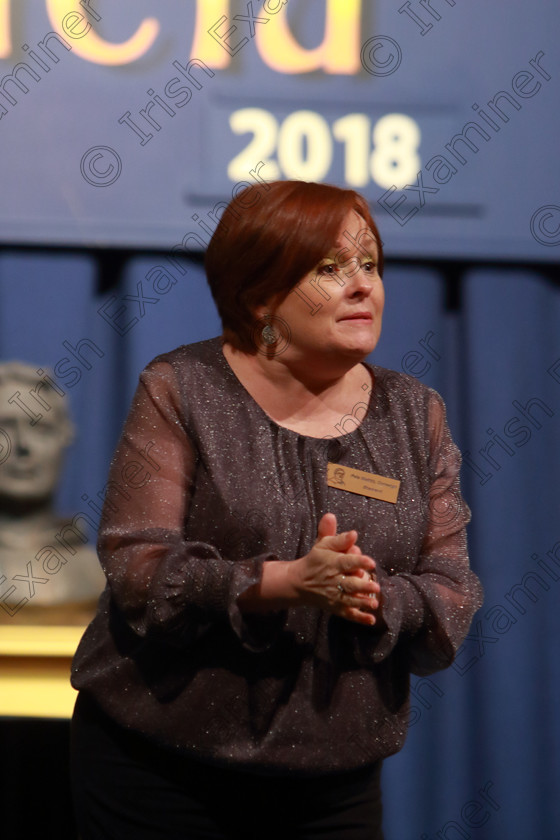 Feis12042018Thu35 
 35
Edel Burke introducing the Adjudicator.
 Singing Class: 84: “The Sr. M. Benedicta Memorial Perpetual Cup” Primary School Unison Choirs Section 1 Feis Maitiú 92nd Festival held in Fr. Mathew Hall. EEjob 28/03/2018 Picture: Gerard Bonus