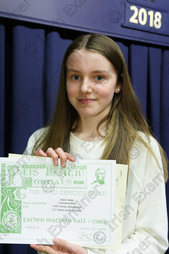 Feis24032018Sat08 
 8
Commended Daire Healy from Rochestown.
 Speech and Drama Class: 363: Solo Verse Speaking Girls 12 Years and Under Section 2 Feis Maitiú 92nd Festival held in Fr. Mathew Hall. EEjob 24/03/2018 Picture: Gerard Bonus