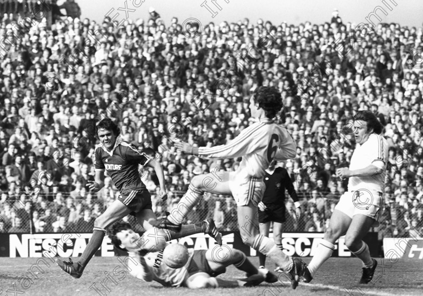 649618 
 Soccer F.A.I. Cup 20/04/80 1980 , Waterford v St. Patricks Athletic at Dalymount Park . St. Pat's keeper Jim Grace saving from Waterford's Mark Meegan . 
ref no 238/172