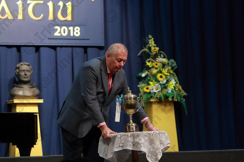 Feis12042018Thu34 
 34
Stage Hand Harry Ormond setting up the trophy.
 Singing Class: 84: “The Sr. M. Benedicta Memorial Perpetual Cup” Primary School Unison Choirs Section 1 Feis Maitiú 92nd Festival held in Fr. Mathew Hall. EEjob 28/03/2018 Picture: Gerard Bonus